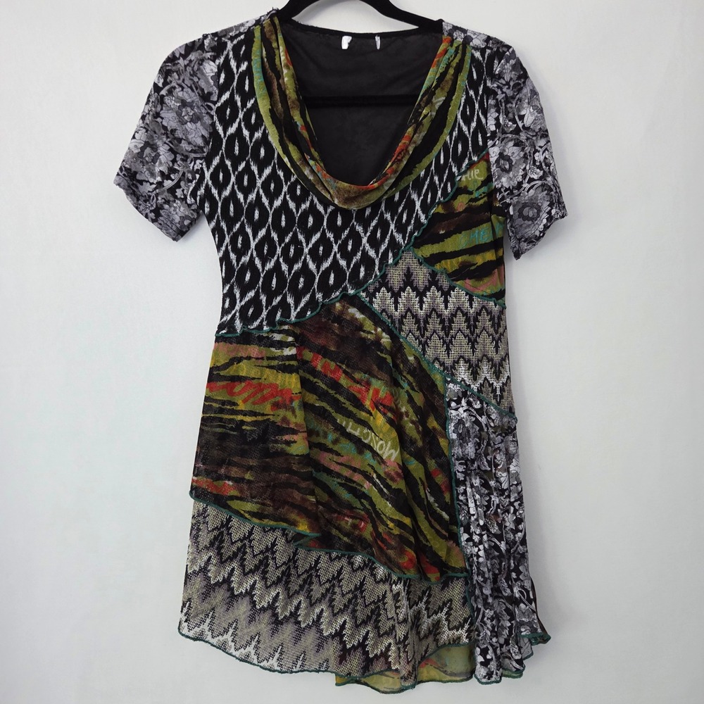 Adore‎ Tunic Top Multicolor Mixed Print Patchwork Mesh Womens L